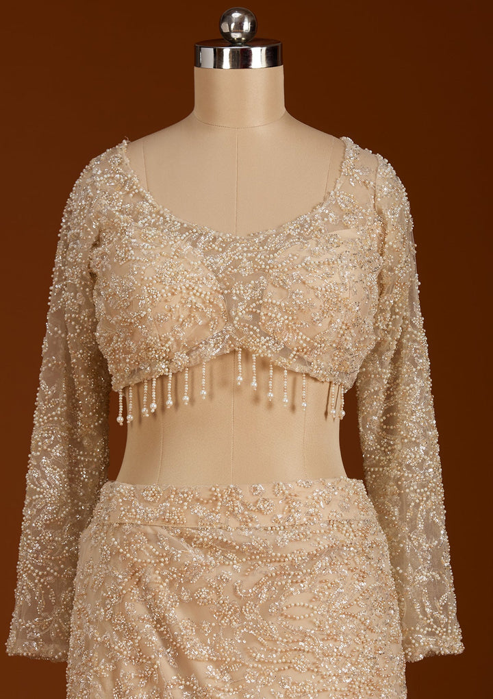 Cream Pearlwork Net Readymade Lehenga-koskii