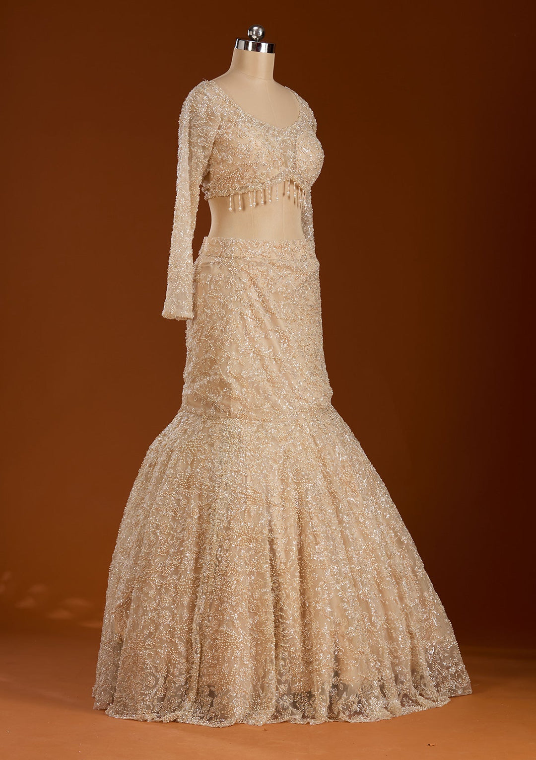 Cream Pearlwork Net Readymade Lehenga-koskii