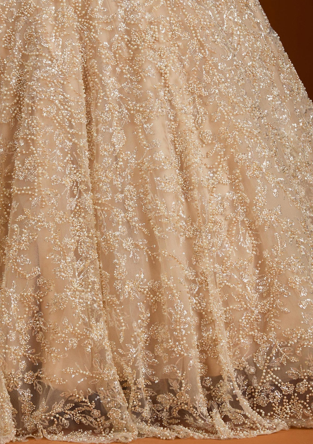 Cream Pearlwork Net Readymade Lehenga-koskii