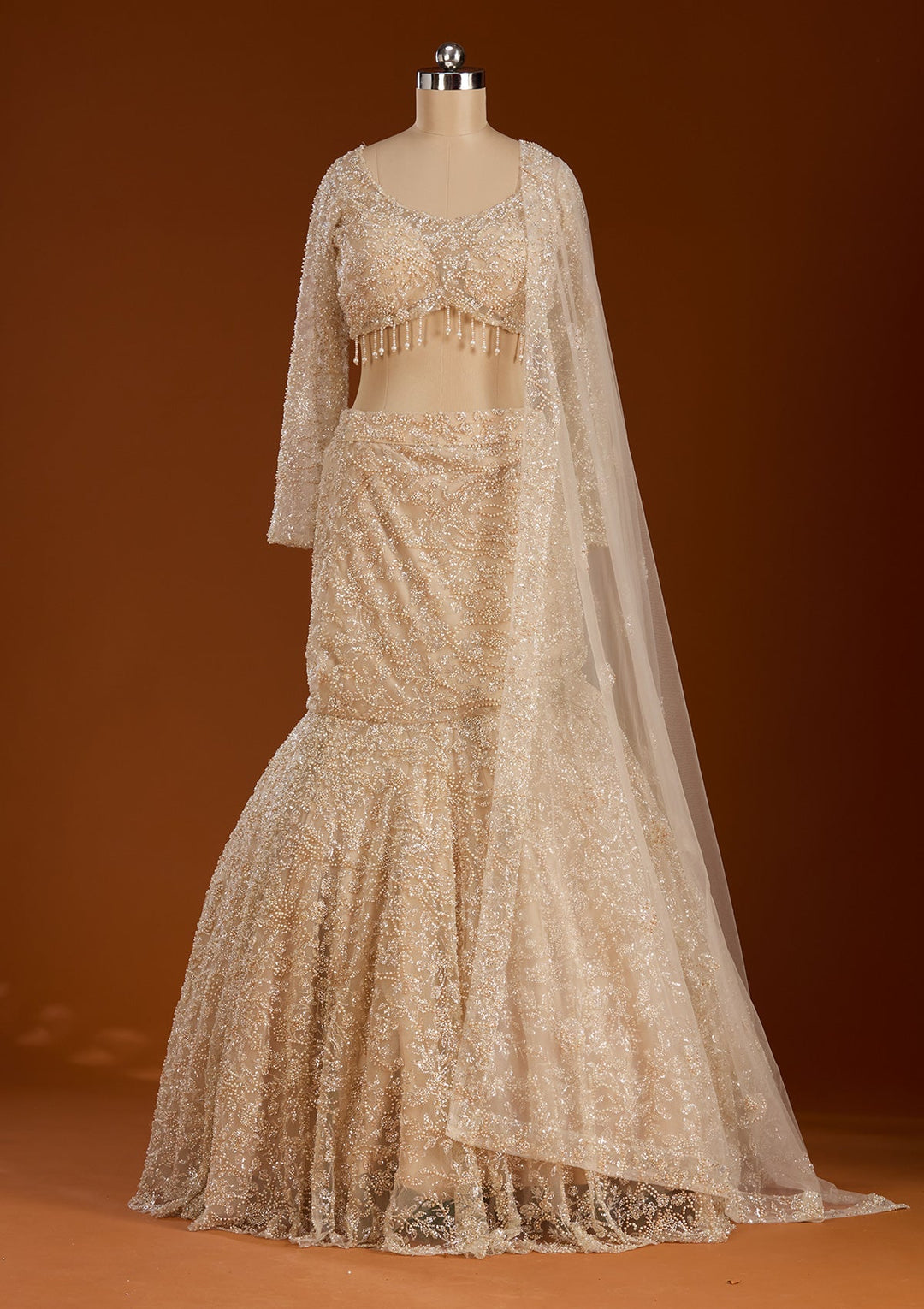 Cream Pearlwork Net Readymade Lehenga-koskii