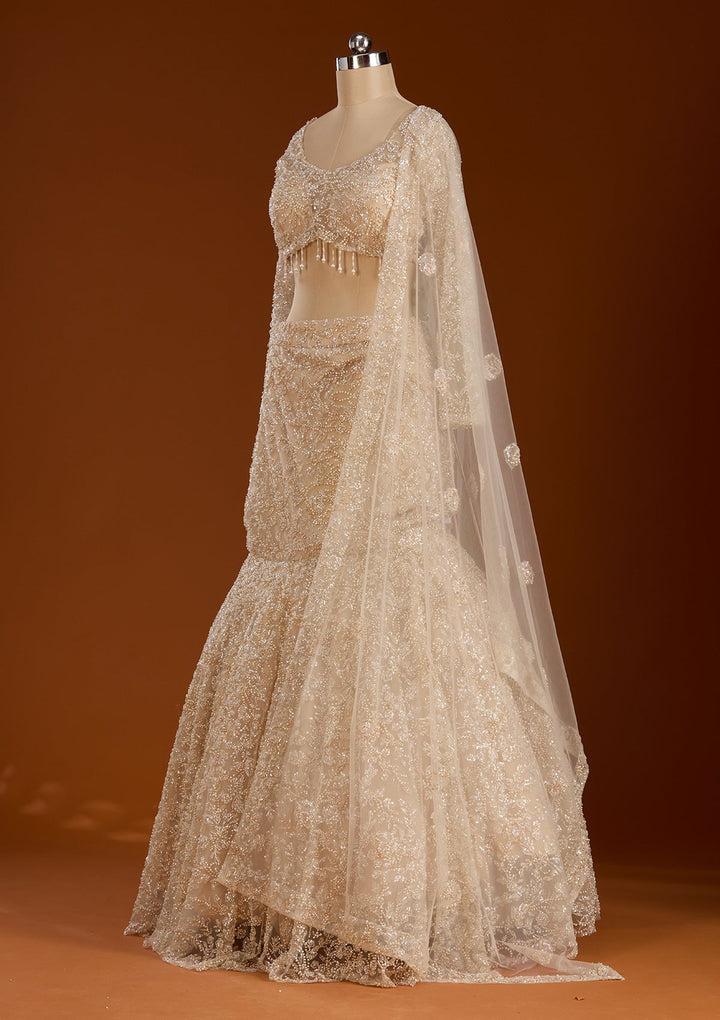 Cream Pearlwork Net Readymade Lehenga-koskii