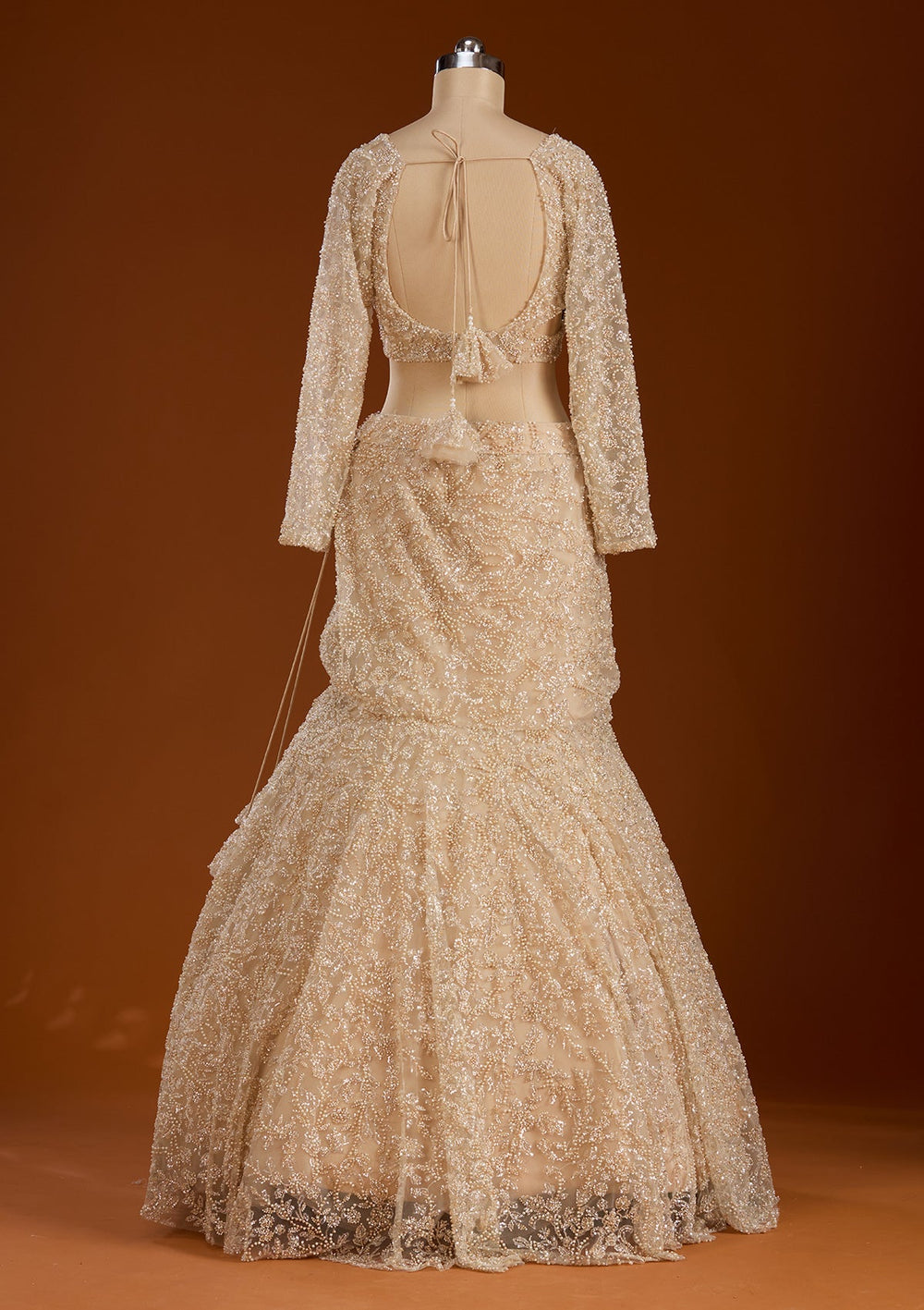 Cream Pearlwork Net Readymade Lehenga-koskii