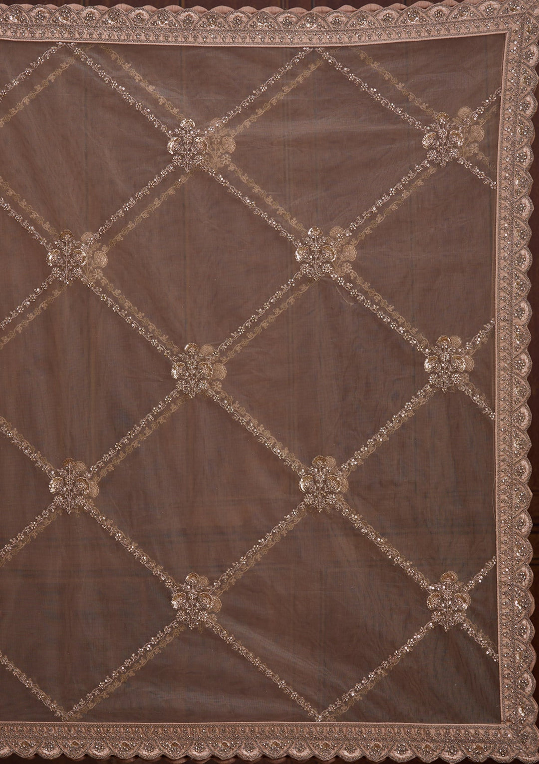 Beige Cording Net Readymade Lehenga-Koskii