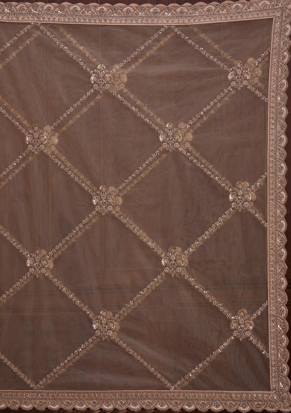 Beige Cording Net Readymade Lehenga-Koskii