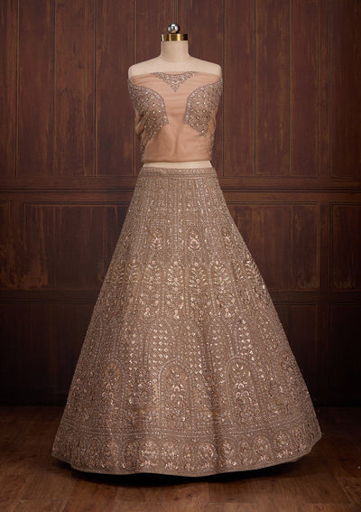Beige Cording Net Readymade Lehenga-Koskii