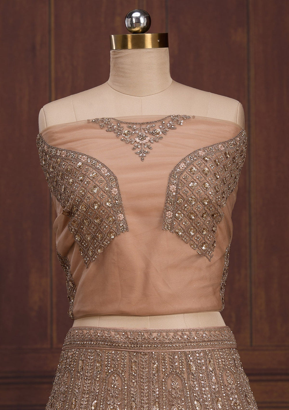 Beige Cording Net Readymade Lehenga-Koskii