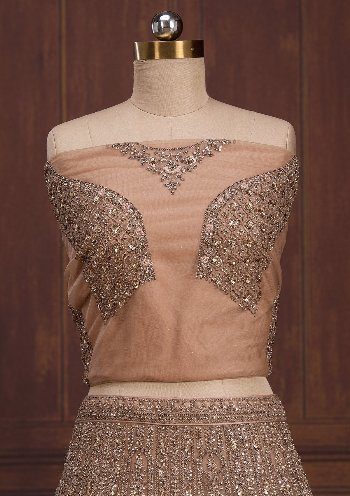 Beige Cording Net Readymade Lehenga-Koskii