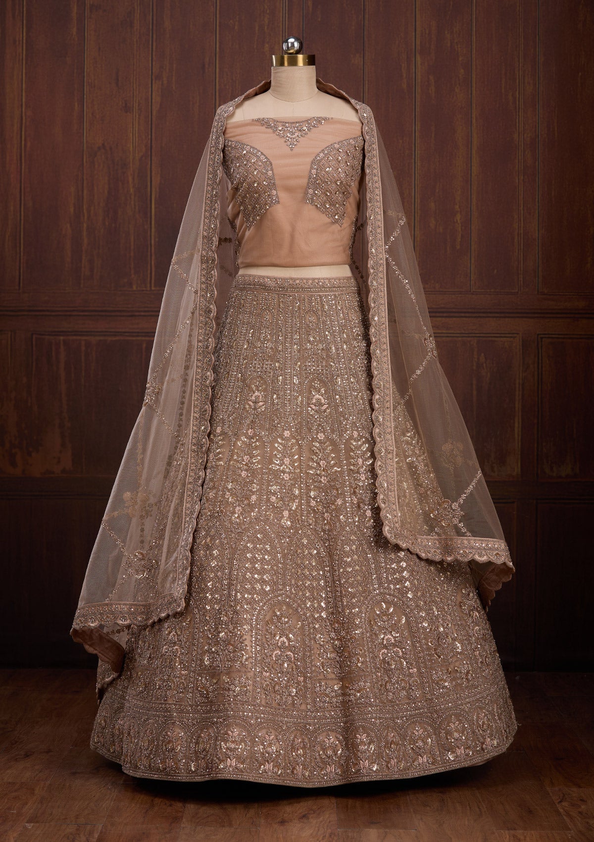 Beige Cording Net Readymade Lehenga-Koskii