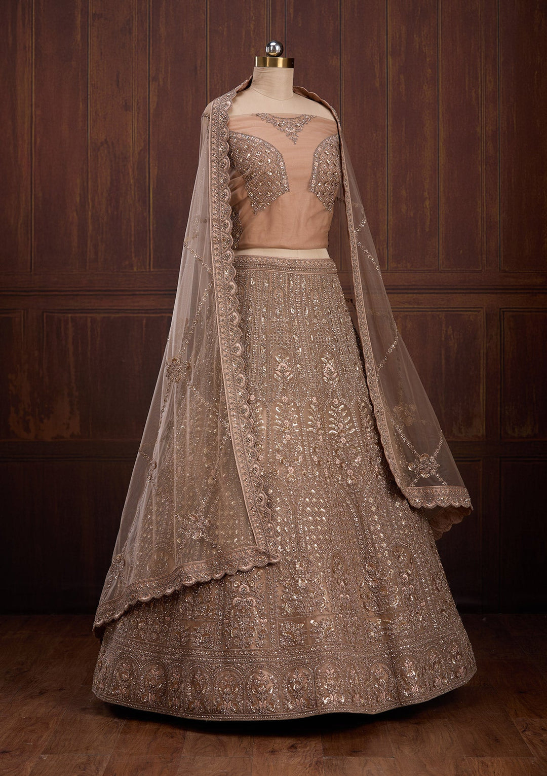 Beige Cording Net Readymade Lehenga-Koskii