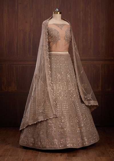 Beige Cording Net Readymade Lehenga-Koskii