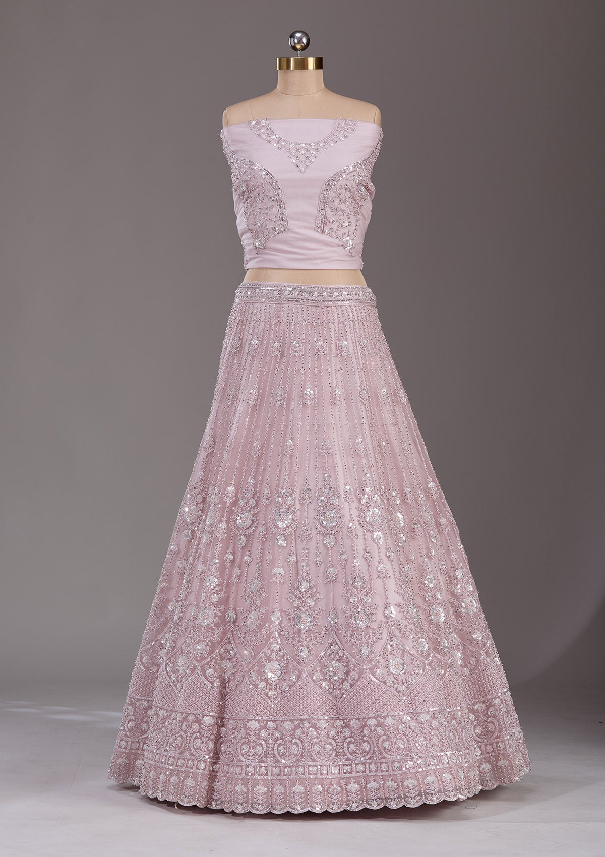 Baby Pink Cording Net Readymade Lehenga-Koskii