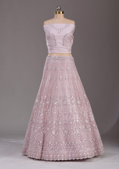 Baby Pink Cording Net Readymade Lehenga-Koskii