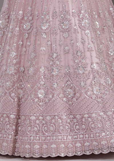 Baby Pink Cording Net Readymade Lehenga-Koskii