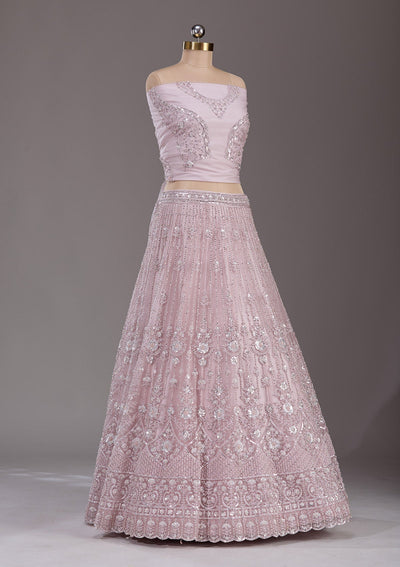 Baby Pink Cording Net Readymade Lehenga-Koskii
