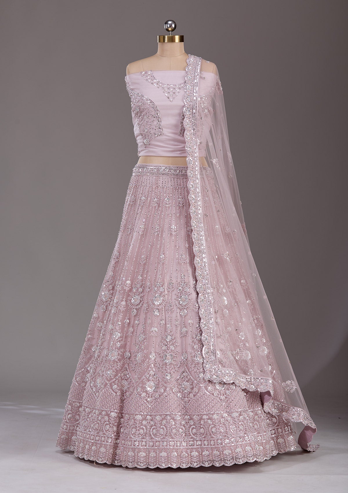 Baby Pink Cording Net Readymade Lehenga-Koskii