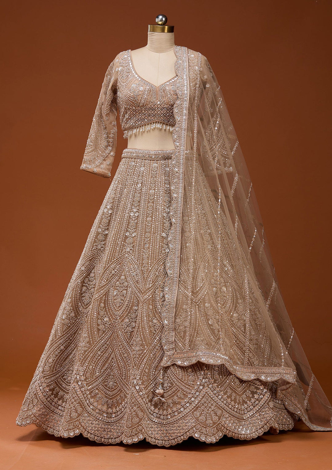 Beige Zariwork (Silver) Net Readymade Lehenga_Koskii