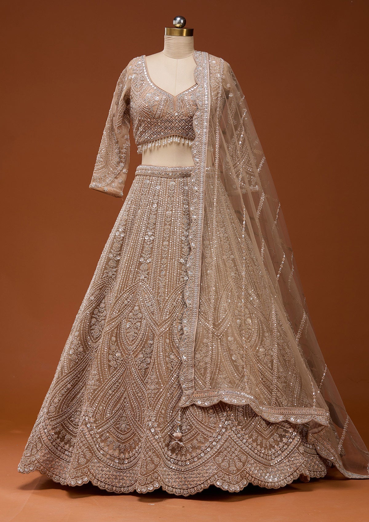 Beige Zariwork (Silver) Net Readymade Lehenga_Koskii