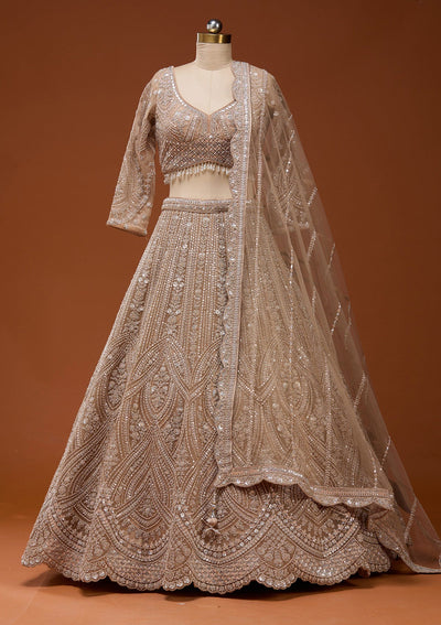 Beige Zariwork (Silver) Net Readymade Lehenga_Koskii