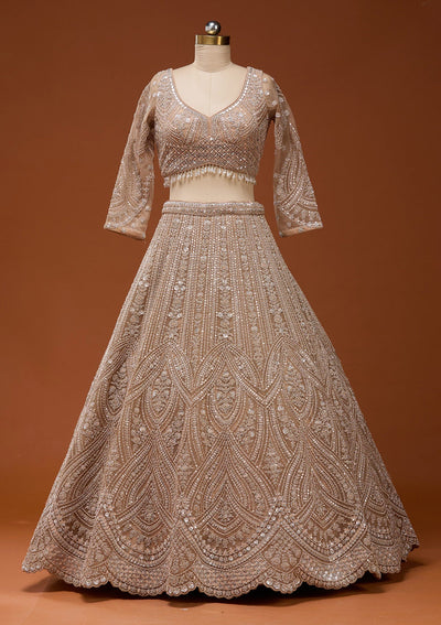 Beige Zariwork (Silver) Net Readymade Lehenga_Koskii