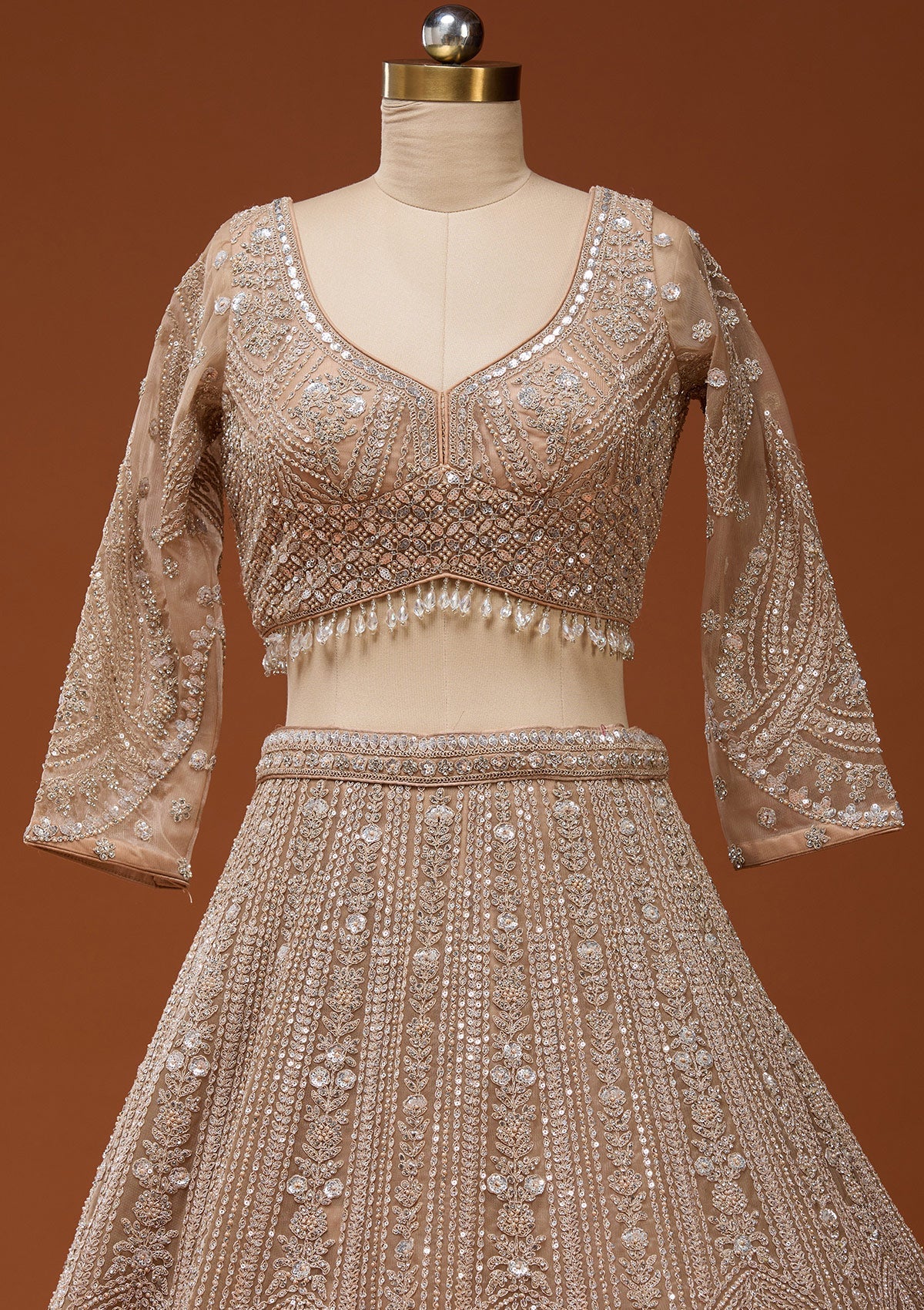 Beige Zariwork (Silver) Net Readymade Lehenga_Koskii