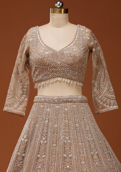 Beige Zariwork (Silver) Net Readymade Lehenga_Koskii