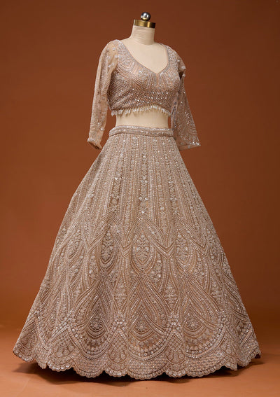 Beige Zariwork (Silver) Net Readymade Lehenga_Koskii