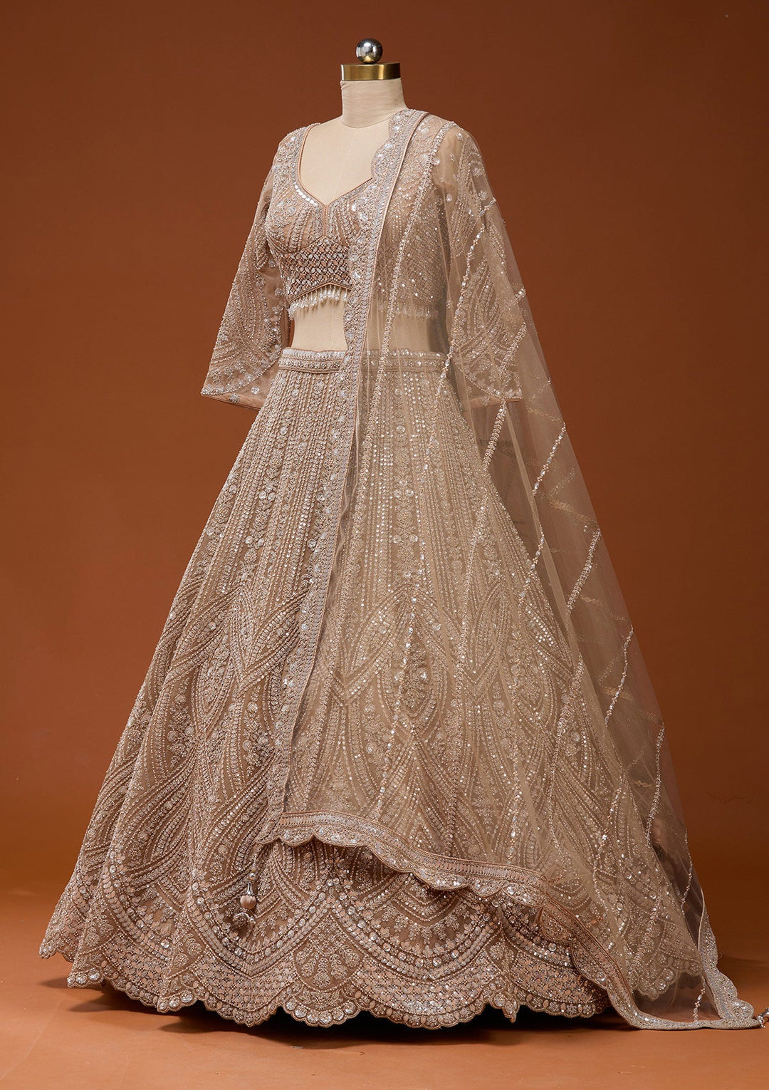 Beige Zariwork (Silver) Net Readymade Lehenga_Koskii