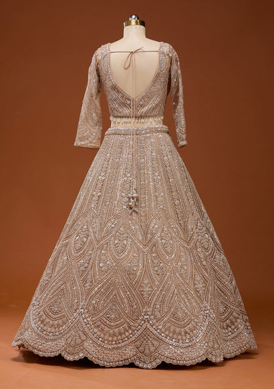 Beige Zariwork (Silver) Net Readymade Lehenga_Koskii