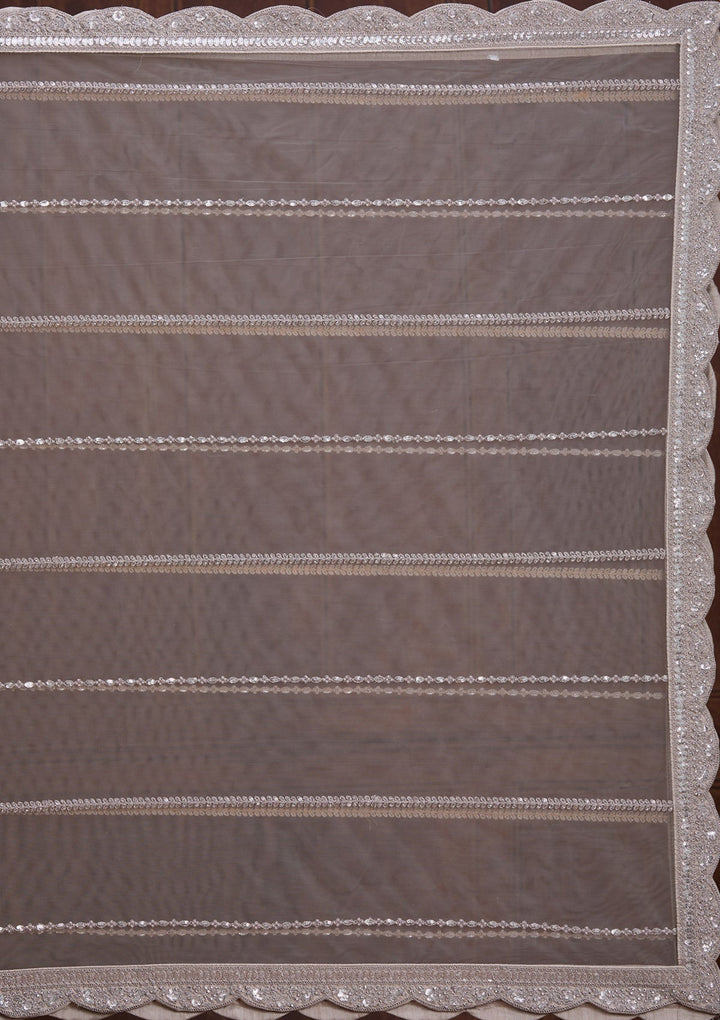 Light Grey Cording Net Readymade Lehenga-Koskii