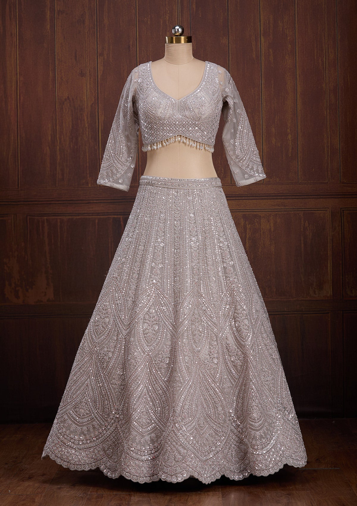Light Grey Cording Net Readymade Lehenga-Koskii