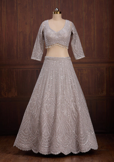 Light Grey Cording Net Readymade Lehenga-Koskii