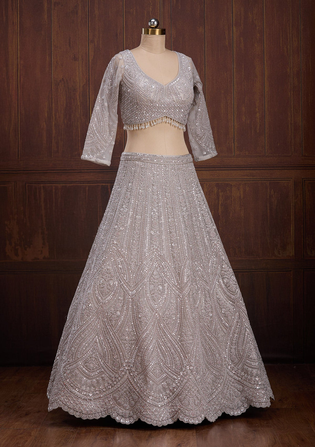 Light Grey Cording Net Readymade Lehenga-Koskii