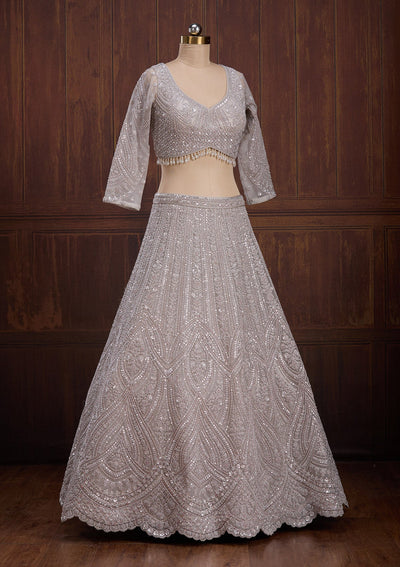 Light Grey Cording Net Readymade Lehenga-Koskii
