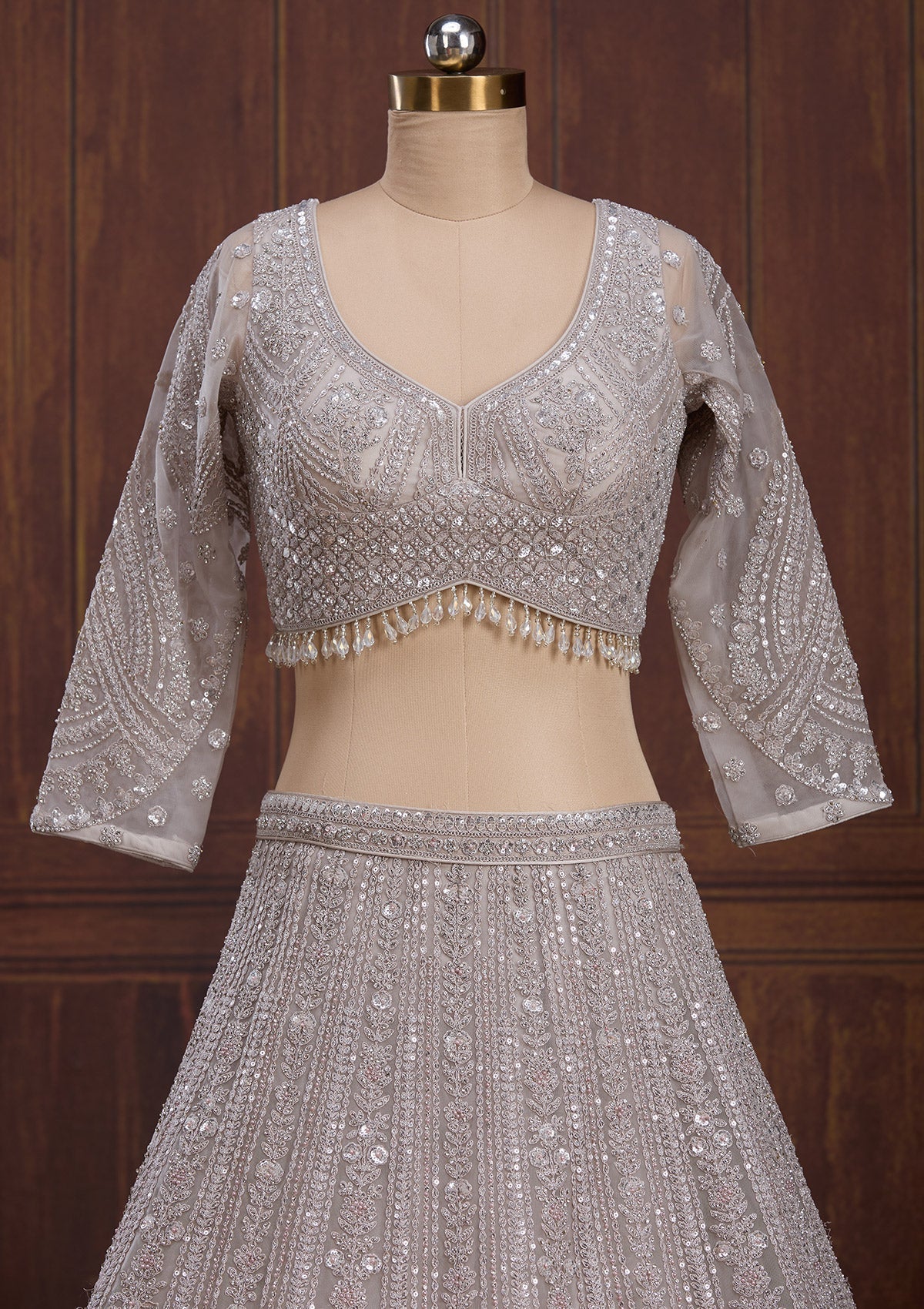 Light Grey Cording Net Readymade Lehenga-Koskii