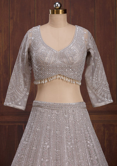 Light Grey Cording Net Readymade Lehenga-Koskii