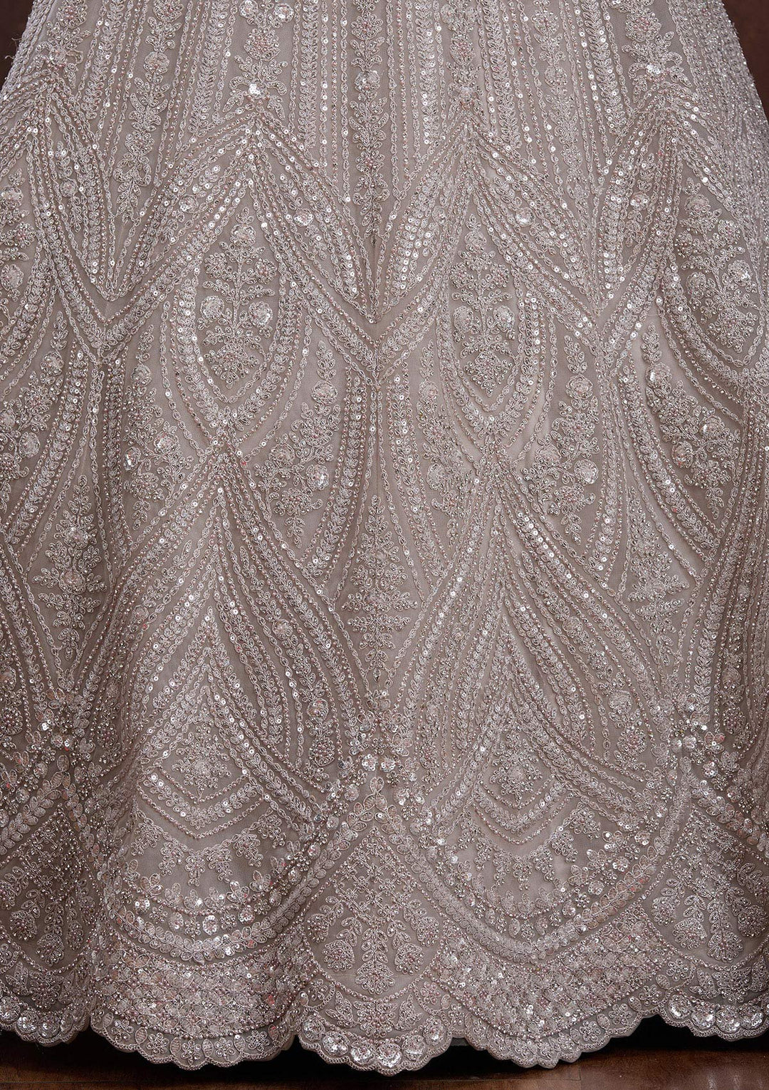 Light Grey Cording Net Readymade Lehenga-Koskii