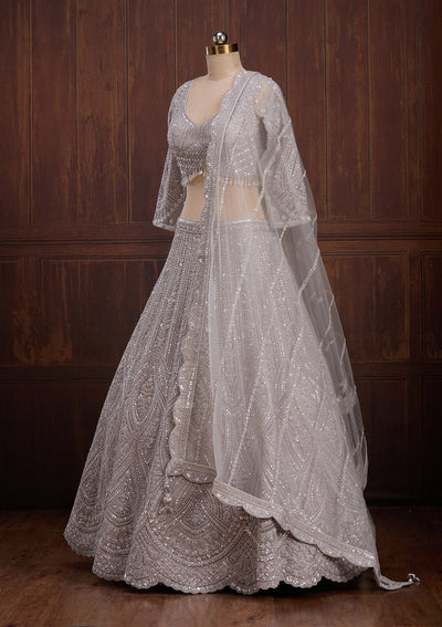 Light Grey Cording Net Readymade Lehenga-Koskii