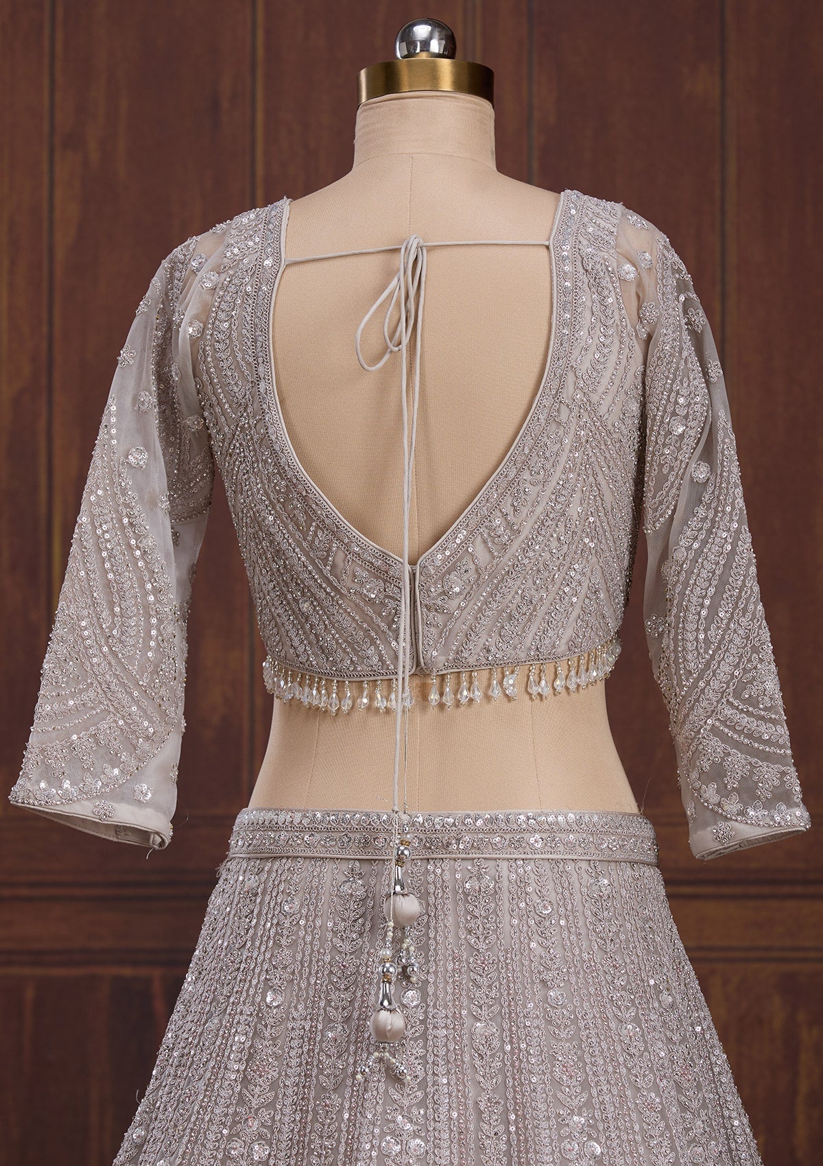 Light Grey Cording Net Readymade Lehenga-Koskii