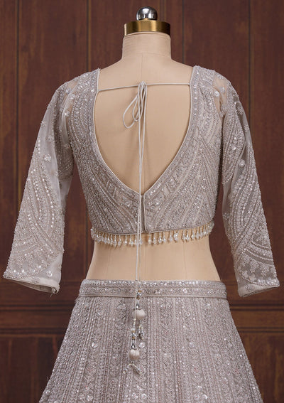Light Grey Cording Net Readymade Lehenga-Koskii