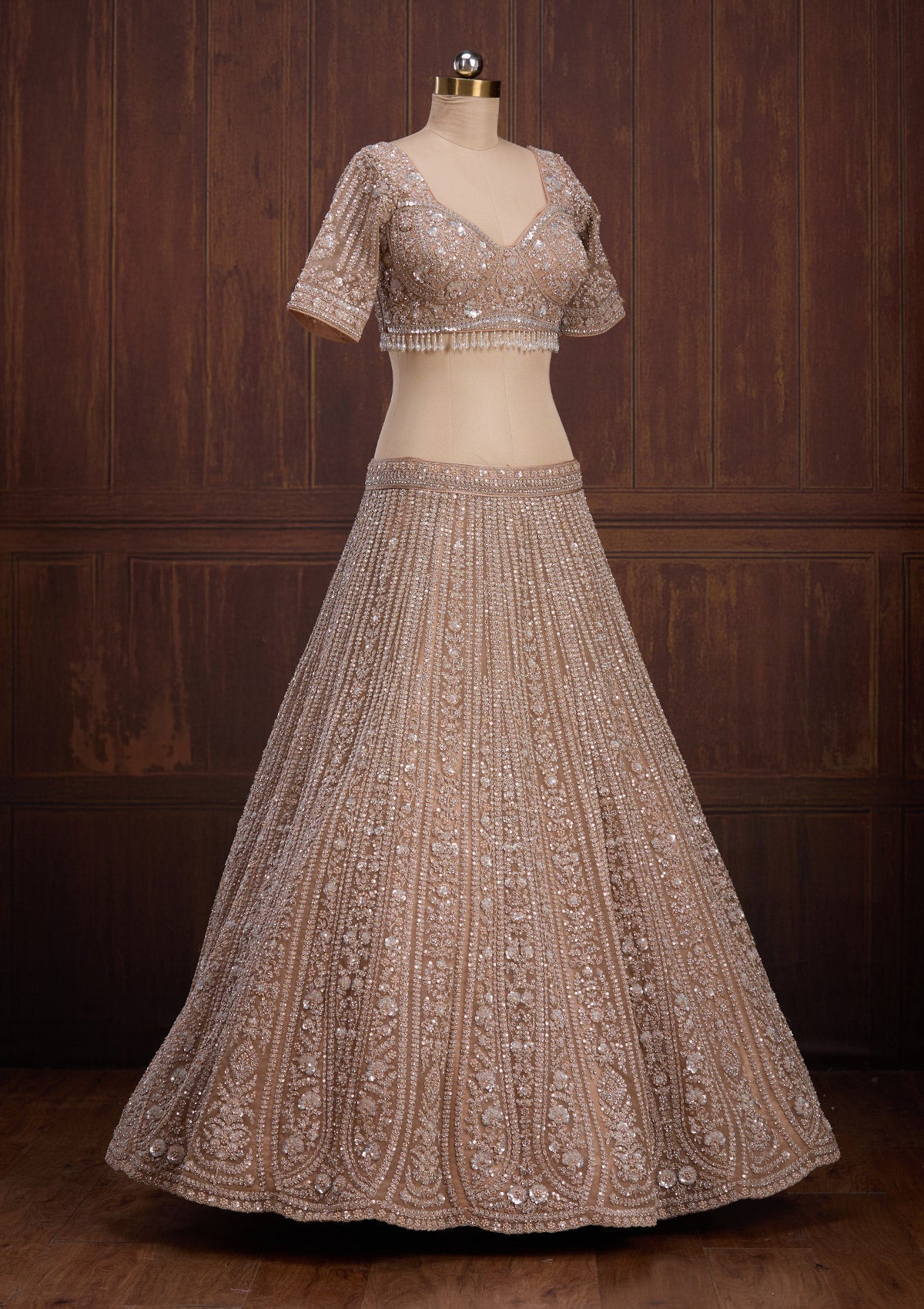 Beige Cording Net Readymade Lehenga-Koskii