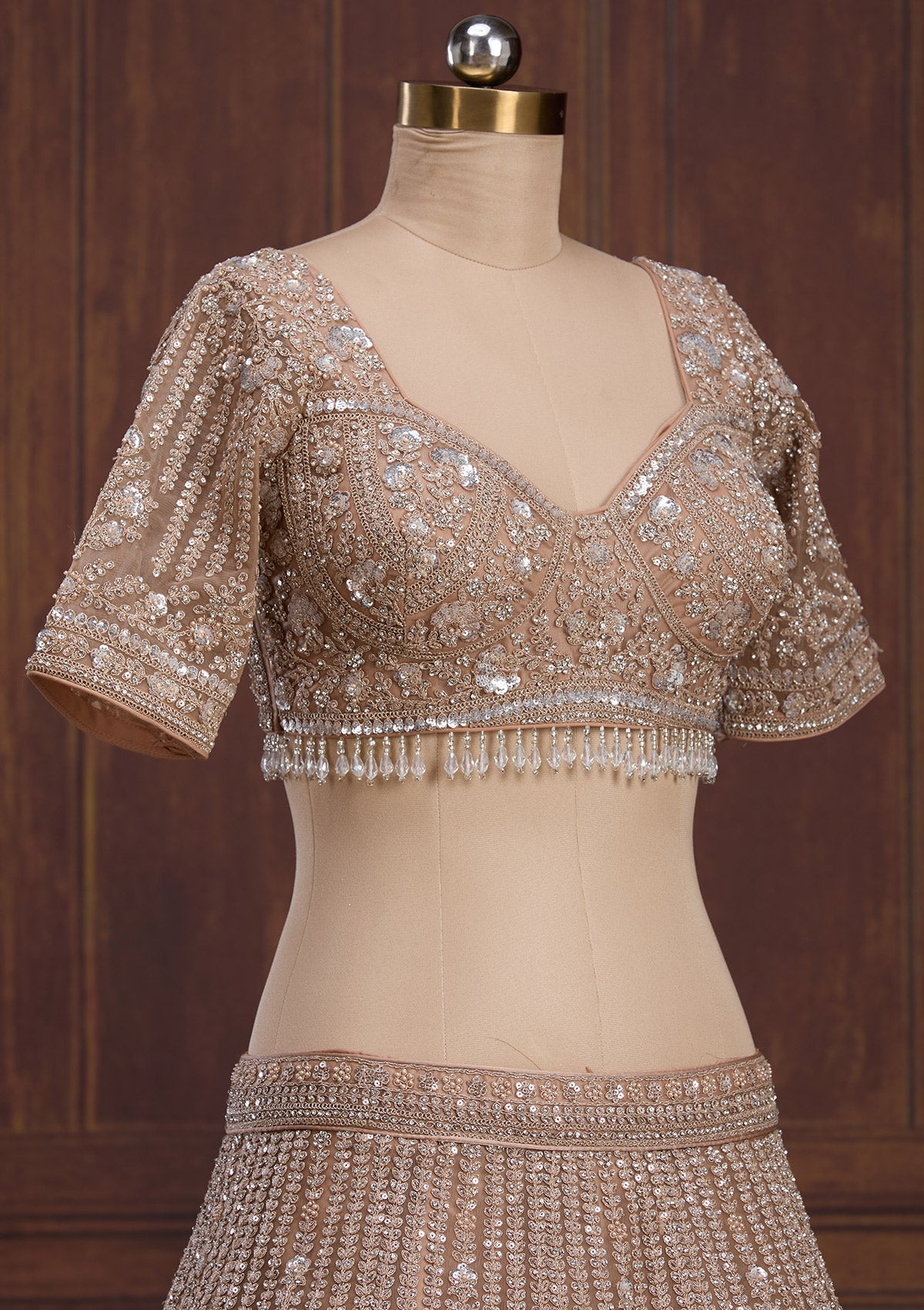 Beige Cording Net Readymade Lehenga-Koskii