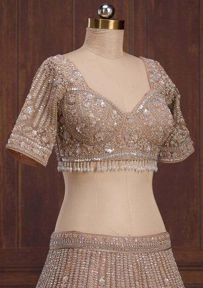Beige Cording Net Readymade Lehenga-Koskii