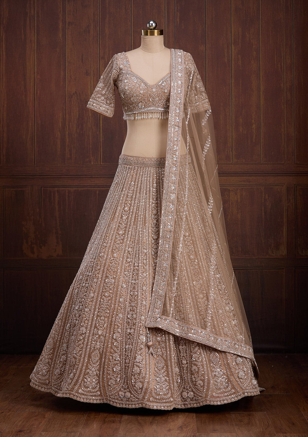 Beige Cording Net Readymade Lehenga-Koskii