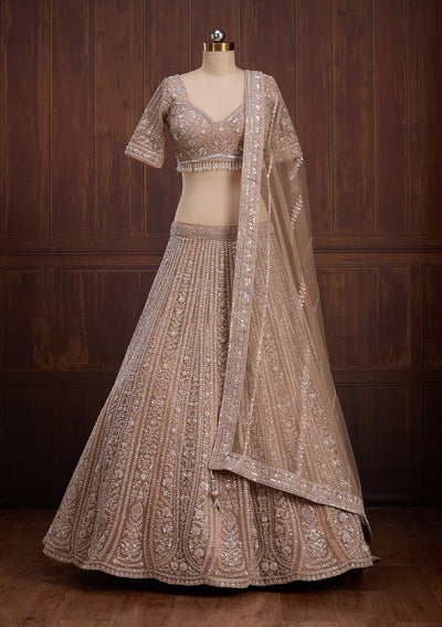 Beige Cording Net Readymade Lehenga-Koskii
