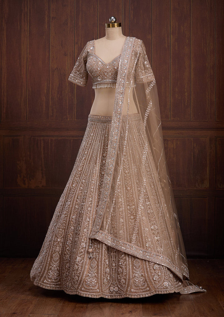Beige Cording Net Readymade Lehenga-Koskii
