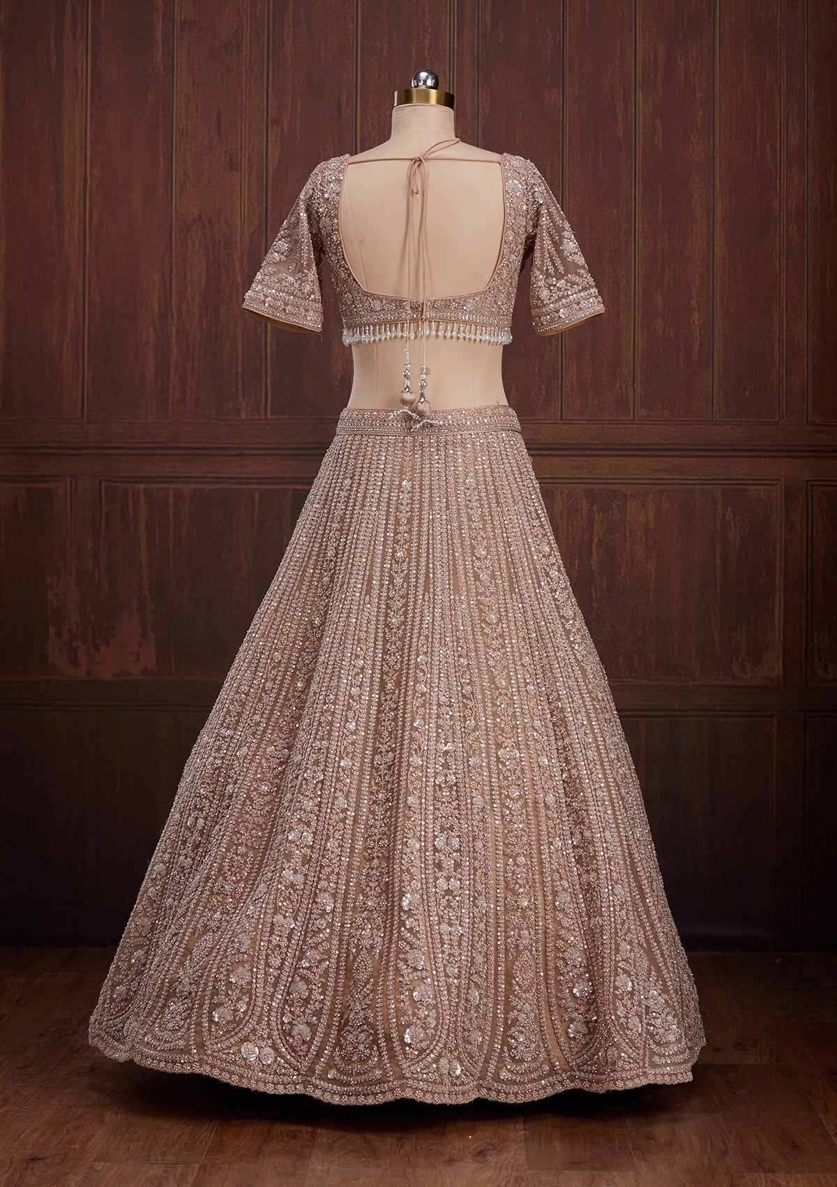 Beige Cording Net Readymade Lehenga-Koskii