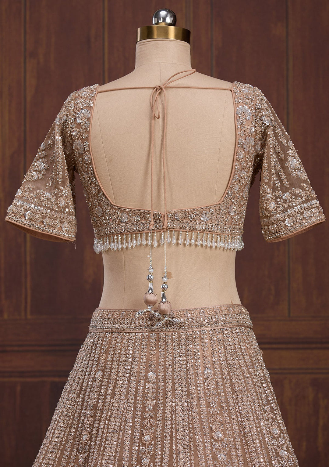 Beige Cording Net Readymade Lehenga-Koskii