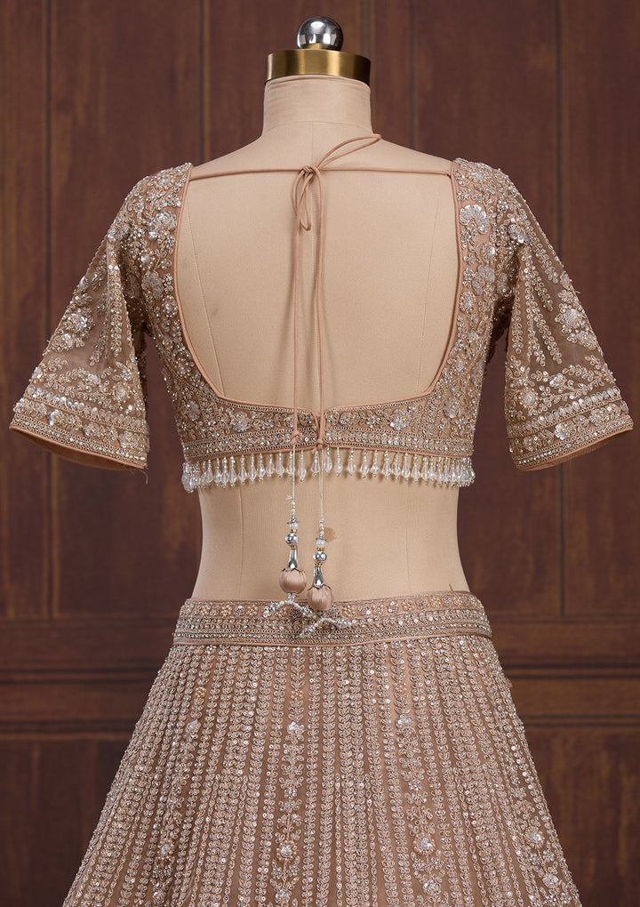 Beige Cording Net Readymade Lehenga-Koskii