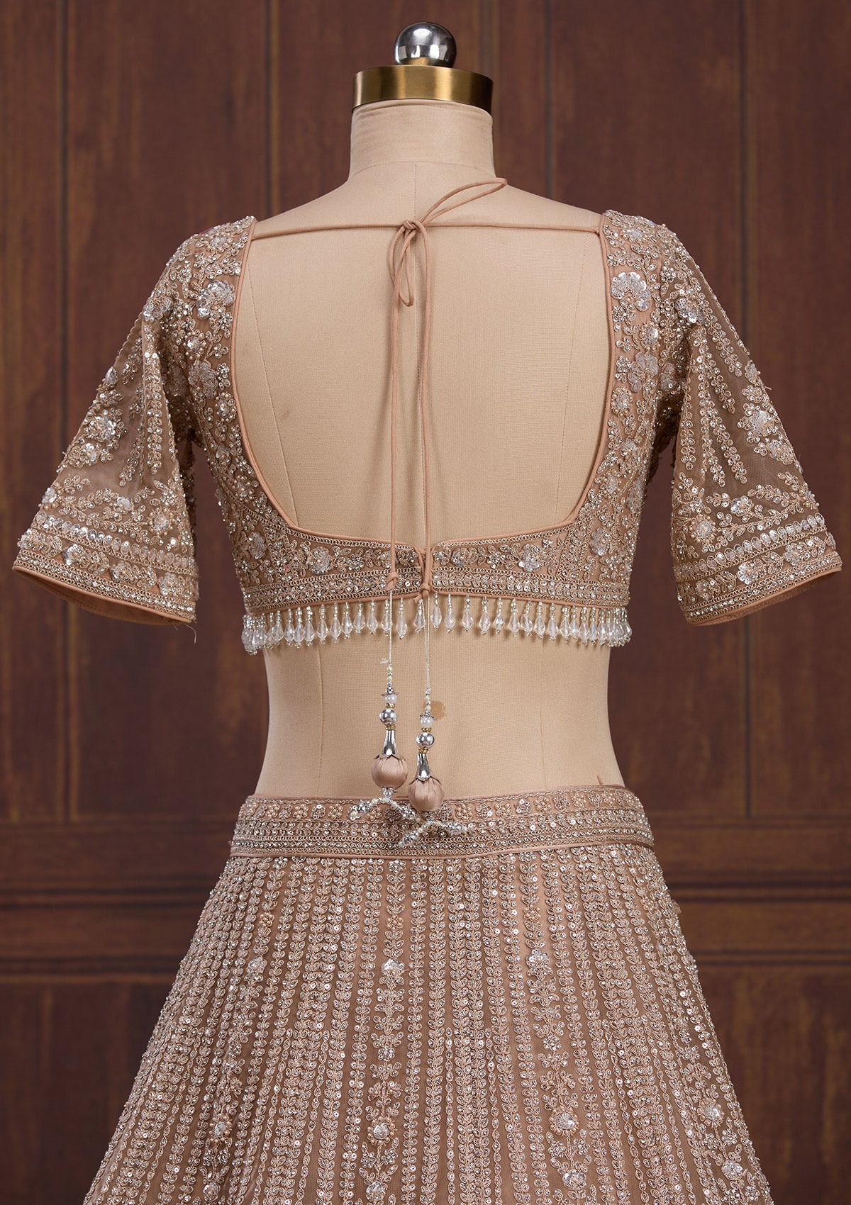 Beige Cording Net Readymade Lehenga-Koskii