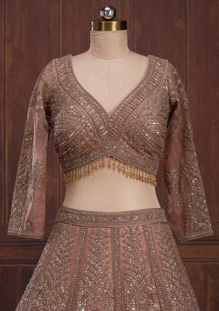 Peach Cording Net Readymade Lehenga-Koskii